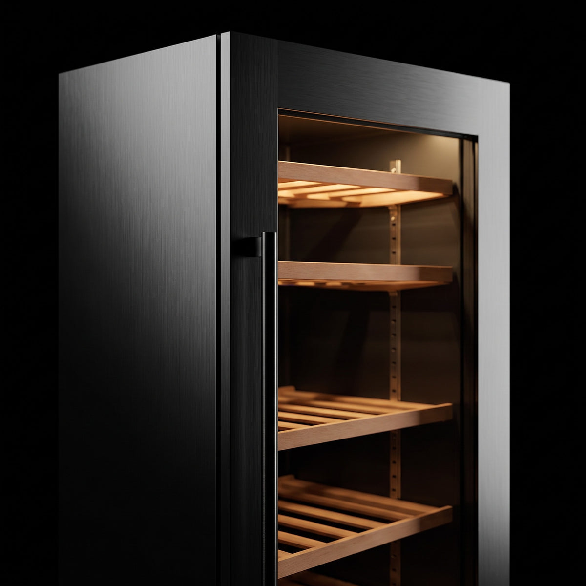 Interior of the Connoisseur 71 wine cellar: solid beech shelves, glass door and touch control panel