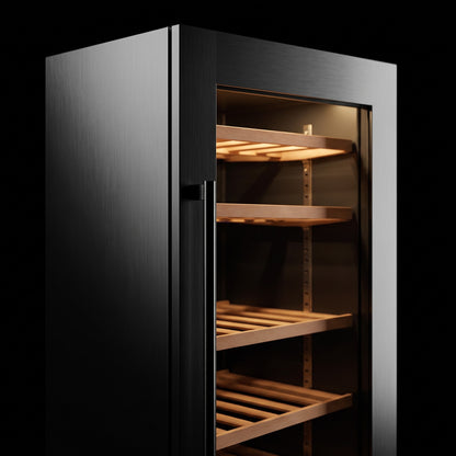 Interior of the Connoisseur 71 wine cellar: solid beech shelves, glass door and touch control panel