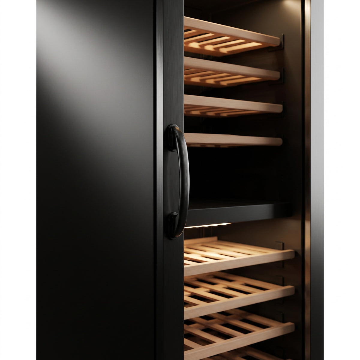 Interior of the Connoisseur 70 wine cellar: solid beech shelves, glass door and touch control panel