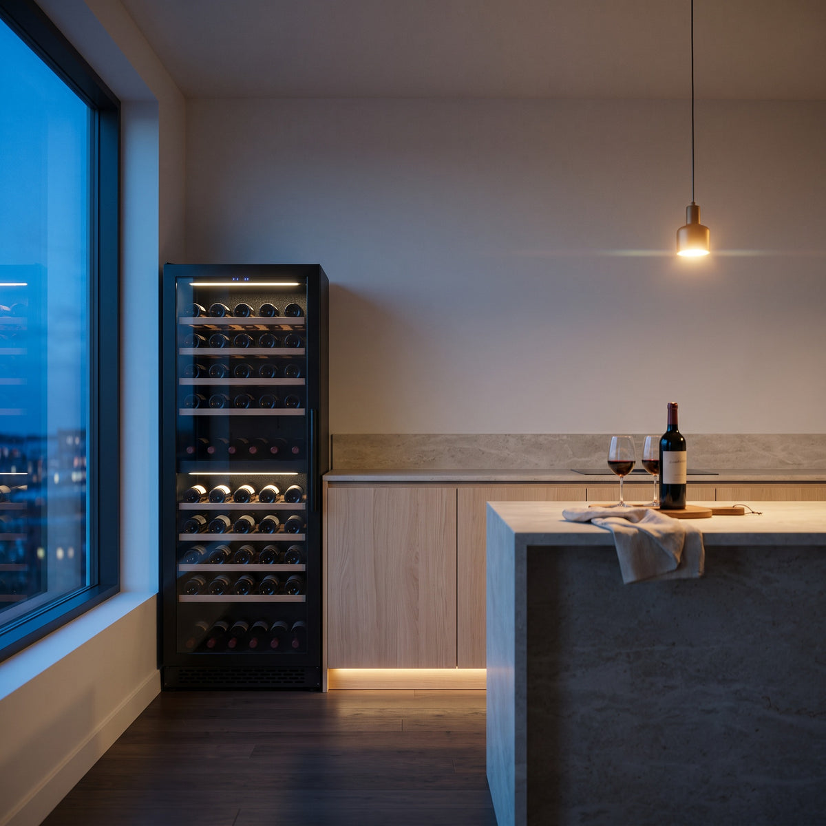 Connoisseur 70 70-bottle wine cellar installed in a modern fitted kitchen