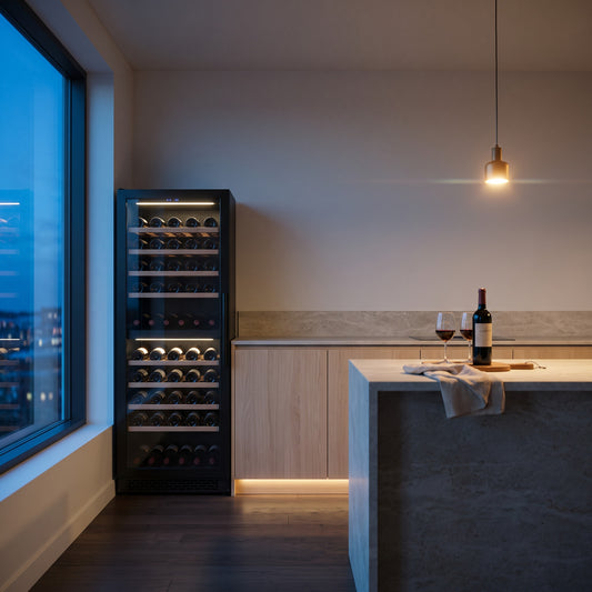 Connoisseur 70 70-bottle wine cellar installed in a modern fitted kitchen