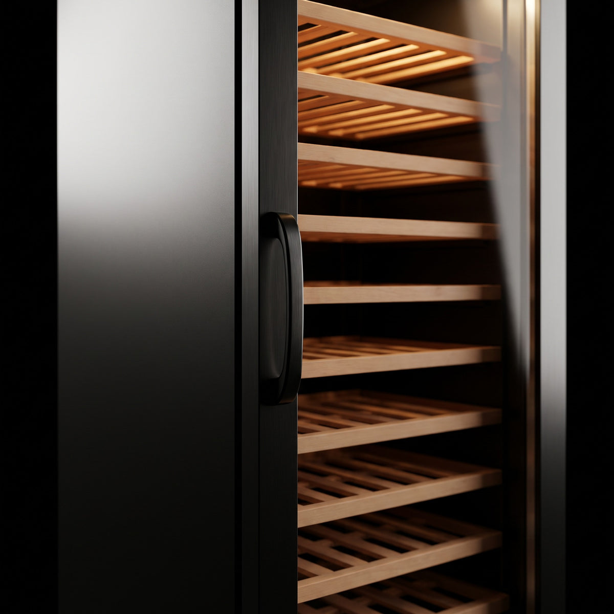 Interior of the Connoisseur 78 Single wine cellar: solid beech shelves, glass door and touch control panel