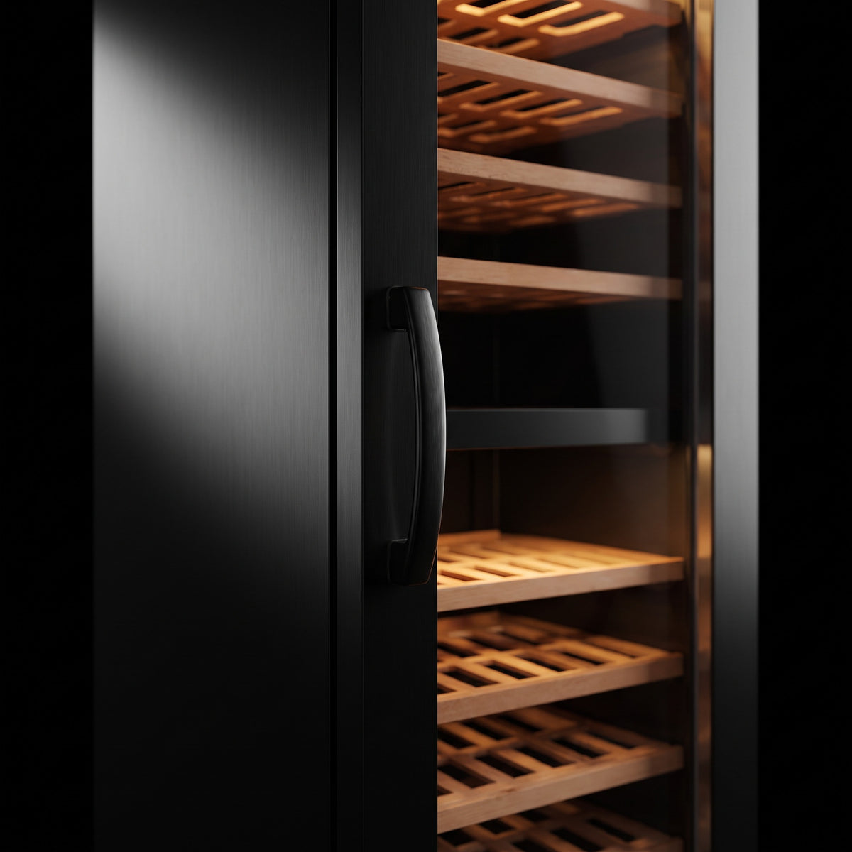 Interior of the Connoisseur 77 wine cellar: solid beech shelves, glass door and touch control panel