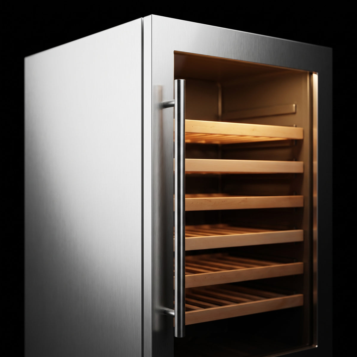 Interior of the Connoisseur 89 wine cellar: solid beech shelves, glass door and touch control panel
