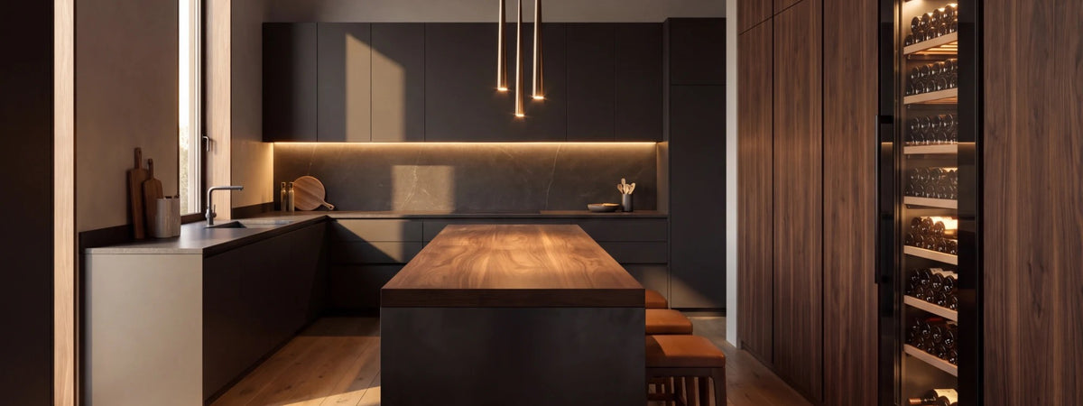 Built-in Maison Vinum wine cellar in a dark walnut kitchen with a solid wood island