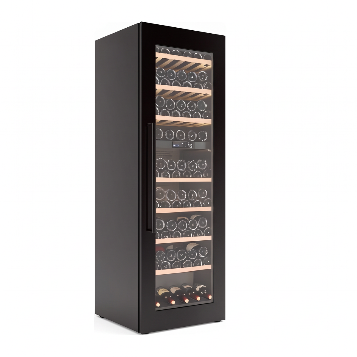 Connoisseur 101 wine cellar — 101 bottles — three-quarter view showing the cabinet depth and side panel