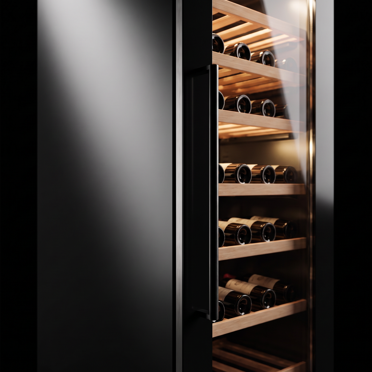 Interior of the Connoisseur 101 wine cellar: solid beech shelves, glass door and touch control panel
