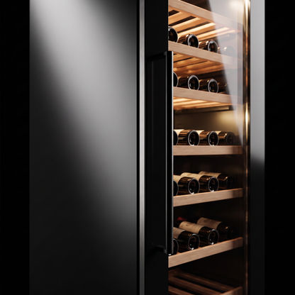 Interior of the Connoisseur 101 wine cellar: solid beech shelves, glass door and touch control panel