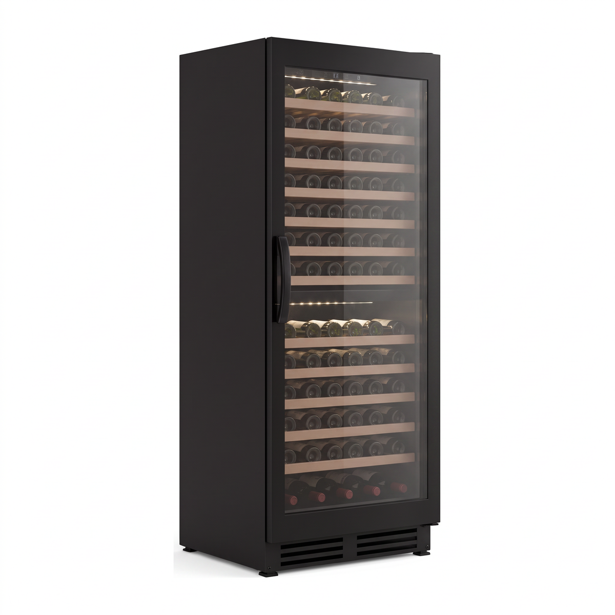 Connoisseur 105 wine cellar — 105 bottles — three-quarter view showing the cabinet depth and side panel