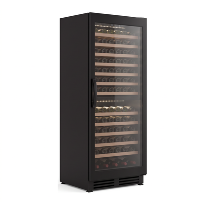 Connoisseur 105 wine cellar — 105 bottles — three-quarter view showing the cabinet depth and side panel