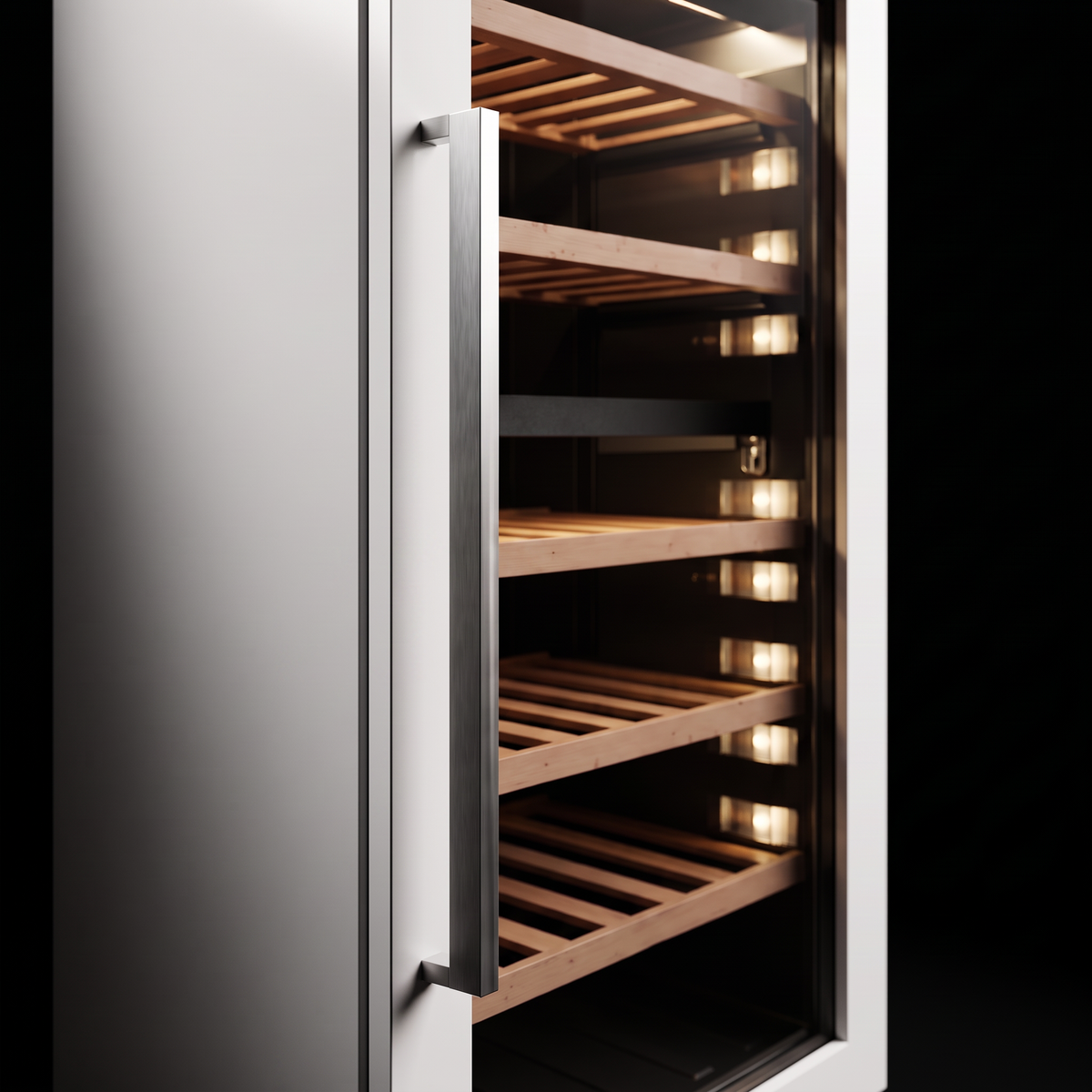 Interior of the Connoisseur 112 wine cellar: solid beech shelves, glass door and touch control panel