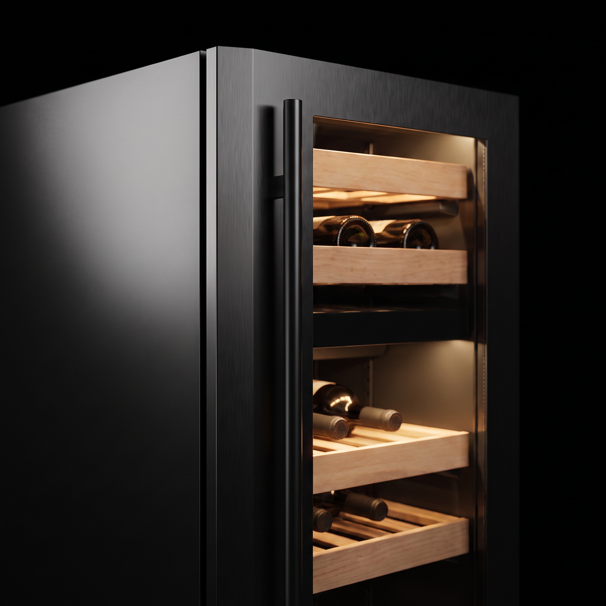 Interior of the Compact 17 wine cellar: solid beech shelves, glass door and touch control panel