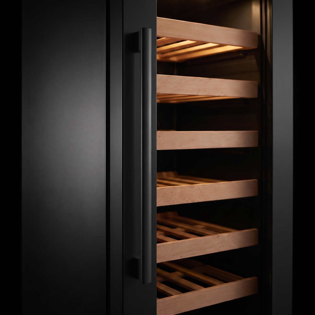 Interior of the Compact 20 wine cellar: solid beech shelves, glass door and touch control panel