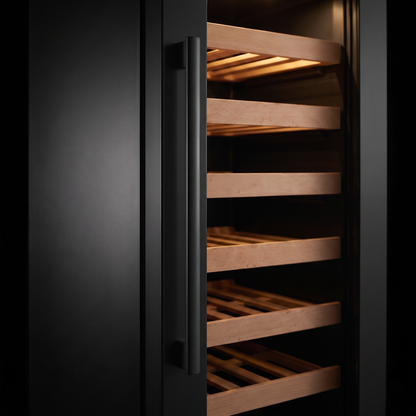 Interior of the Compact 20 wine cellar: solid beech shelves, glass door and touch control panel