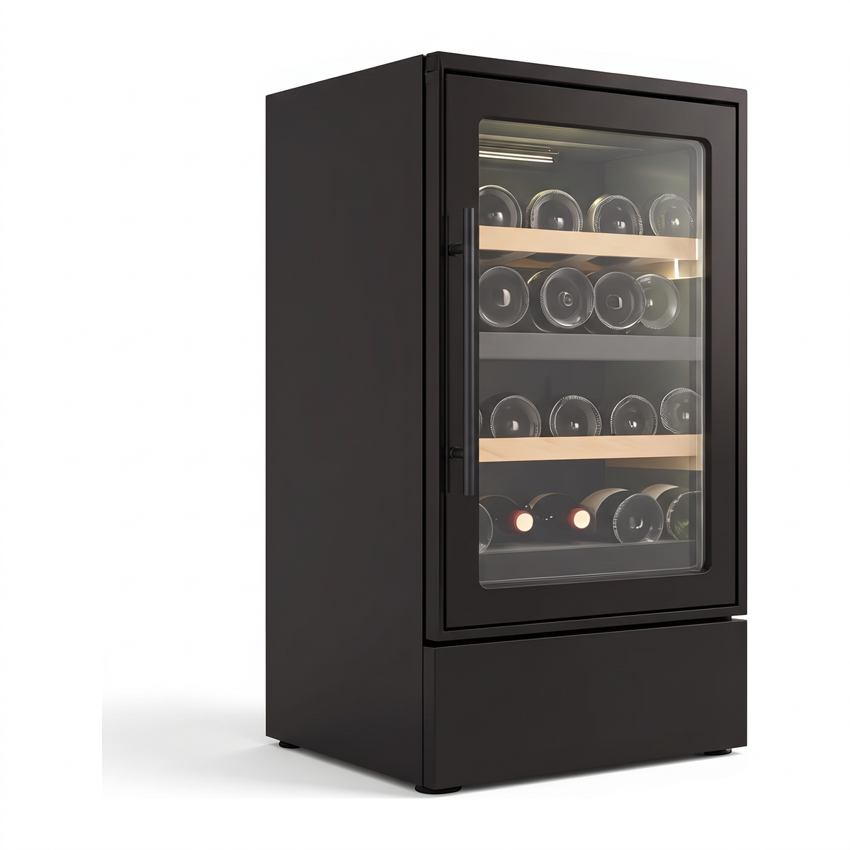 Compact 23 wine cellar — 23 bottles — three-quarter view showing the cabinet depth and side panel