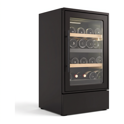 Compact 23 wine cellar — 23 bottles — three-quarter view showing the cabinet depth and side panel