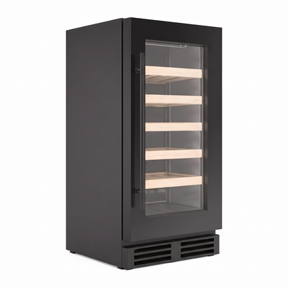 Compact 29 16-inch wine cellar — 29 bottles — three-quarter view showing the cabinet depth and side panel