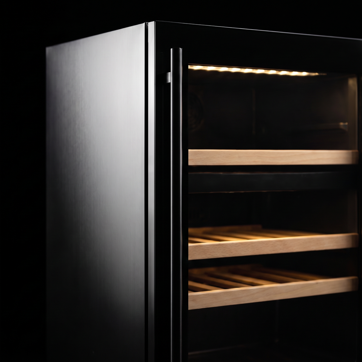 Interior of the Compact 39 wine cellar: solid beech shelves, glass door and touch control panel