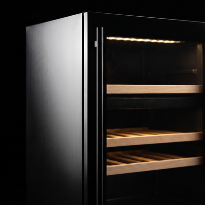 Interior of the Compact 39 wine cellar: solid beech shelves, glass door and touch control panel