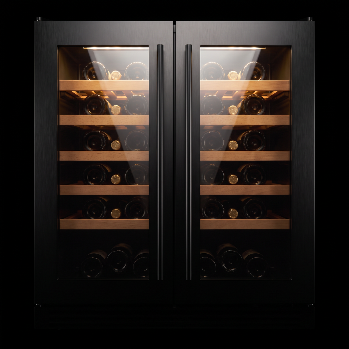 Interior of the Compact 40 wine cellar: solid beech shelves, glass door and touch control panel