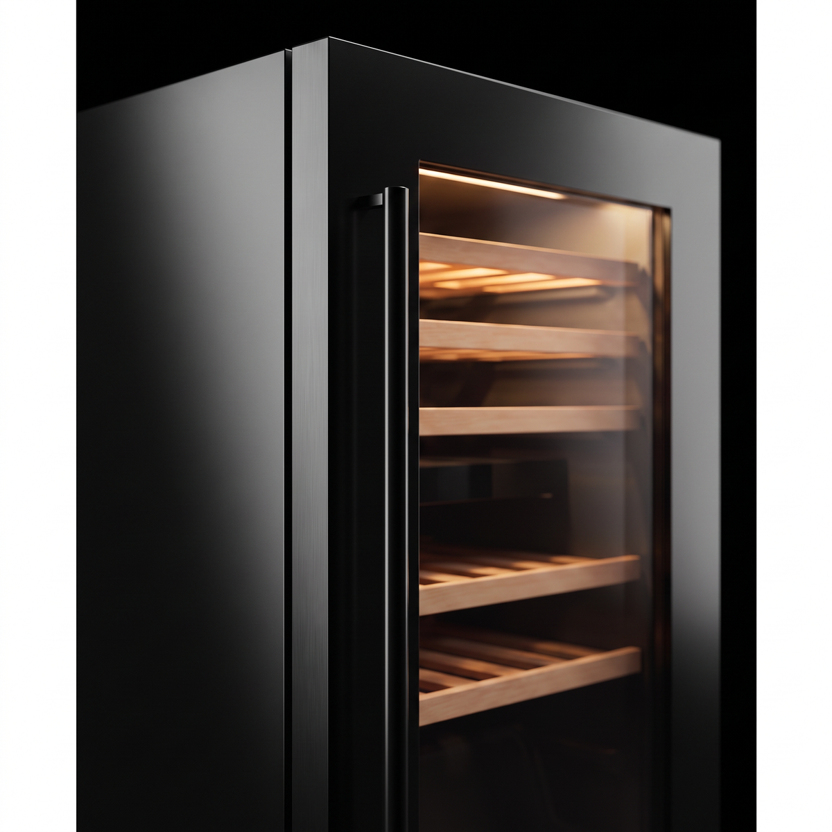 Interior of the Connoisseur 42 Built-in wine cellar: solid beech shelves, glass door and touch control panel