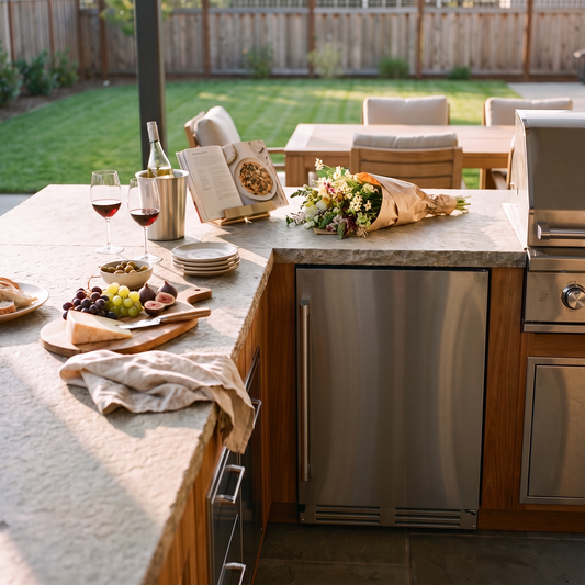 Connoisseur 46 Outdoor 46-bottle wine cellar installed in an outdoor kitchen island on a garden terrace
