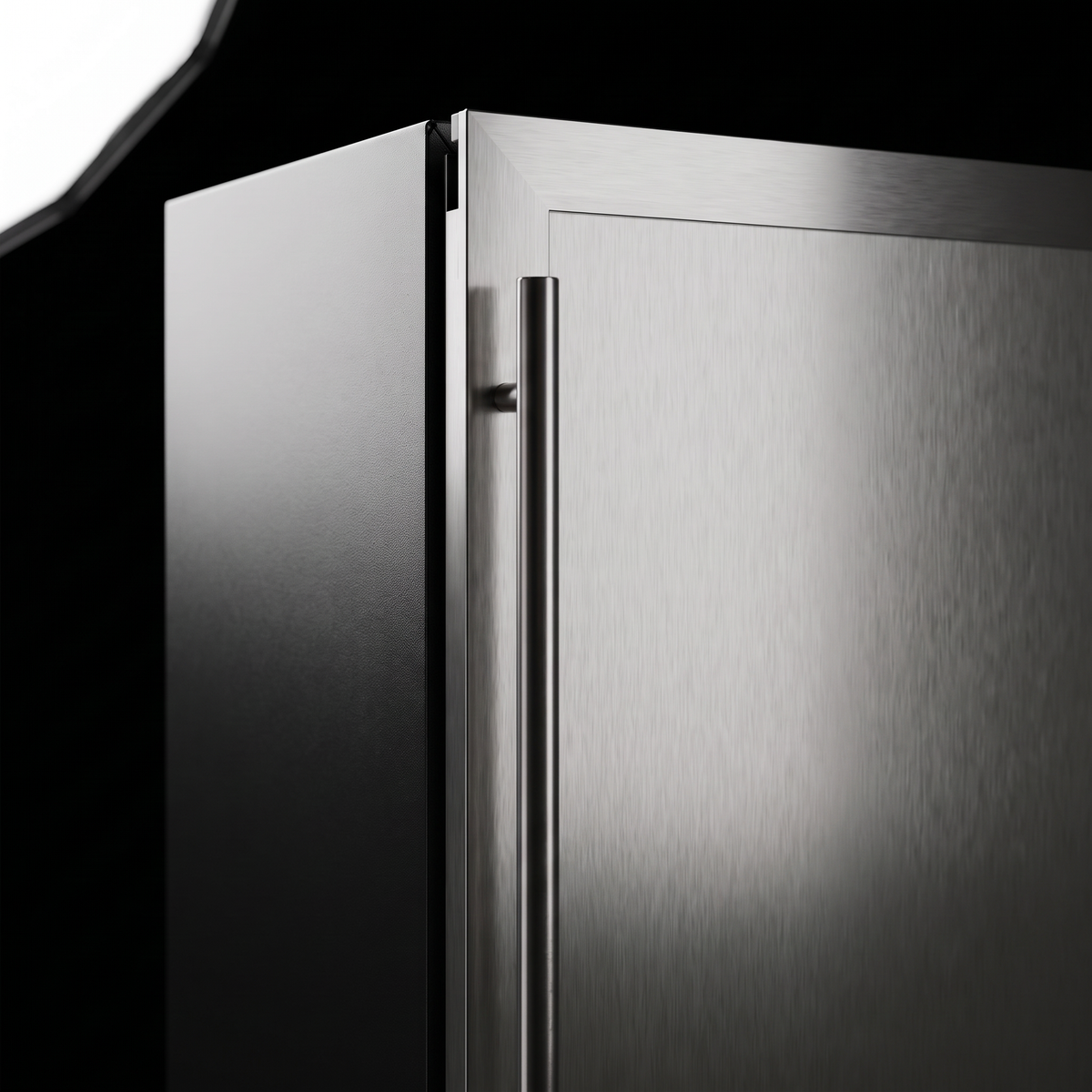Interior of the Connoisseur 46 Outdoor wine cellar: solid beech shelves, solid stainless steel door and touch control panel