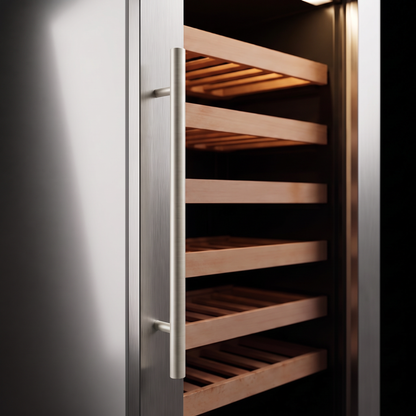 Interior of the Compact 49 wine cellar: solid beech shelves, glass door and touch control panel