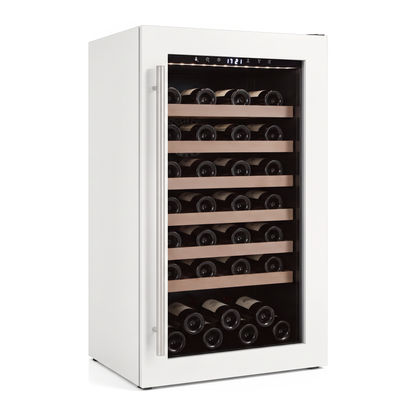 Compact 49 wine cellar — 49 bottles — three-quarter view showing the cabinet depth and side panel