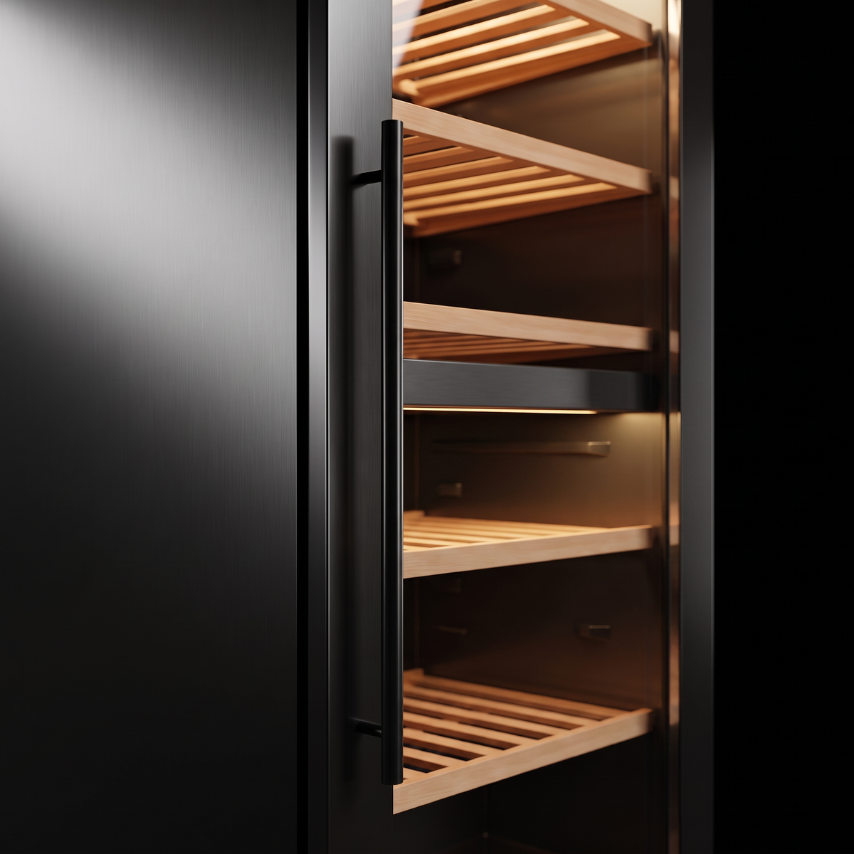 Interior of the Connoisseur 65 wine cellar: solid beech shelves, glass door and touch control panel