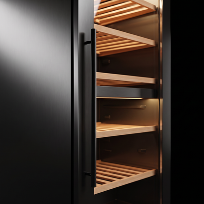 Interior of the Connoisseur 65 wine cellar: solid beech shelves, glass door and touch control panel