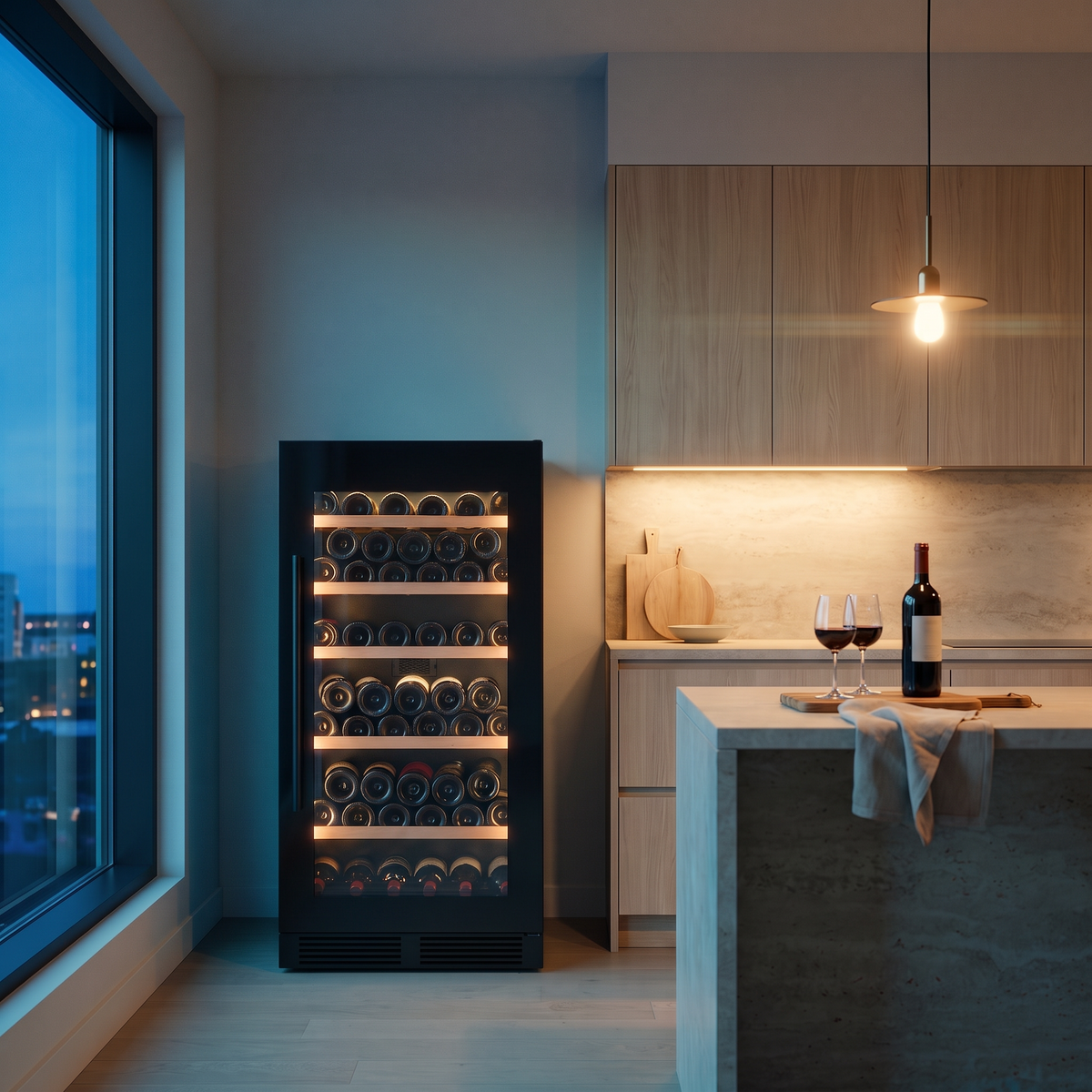 Connoisseur 71 71-bottle wine cellar installed in a modern fitted kitchen