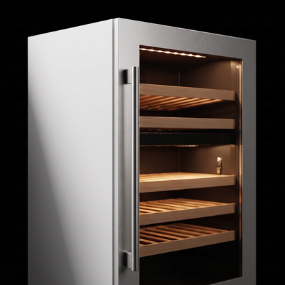 Interior of the Connoisseur 78 Dual wine cellar: solid beech shelves, glass door and touch control panel