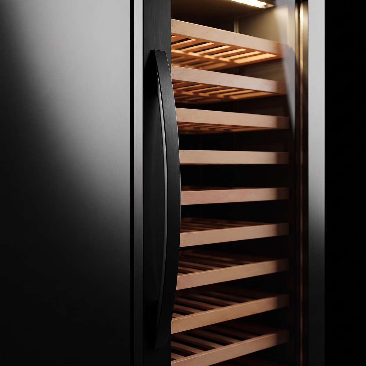 Interior of the Connoisseur 85 wine cellar: solid beech shelves, glass door and touch control panel