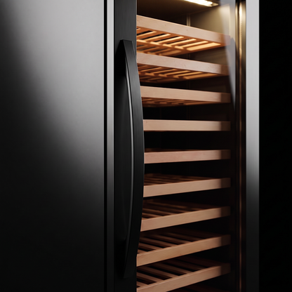 Interior of the Connoisseur 85 wine cellar: solid beech shelves, glass door and touch control panel