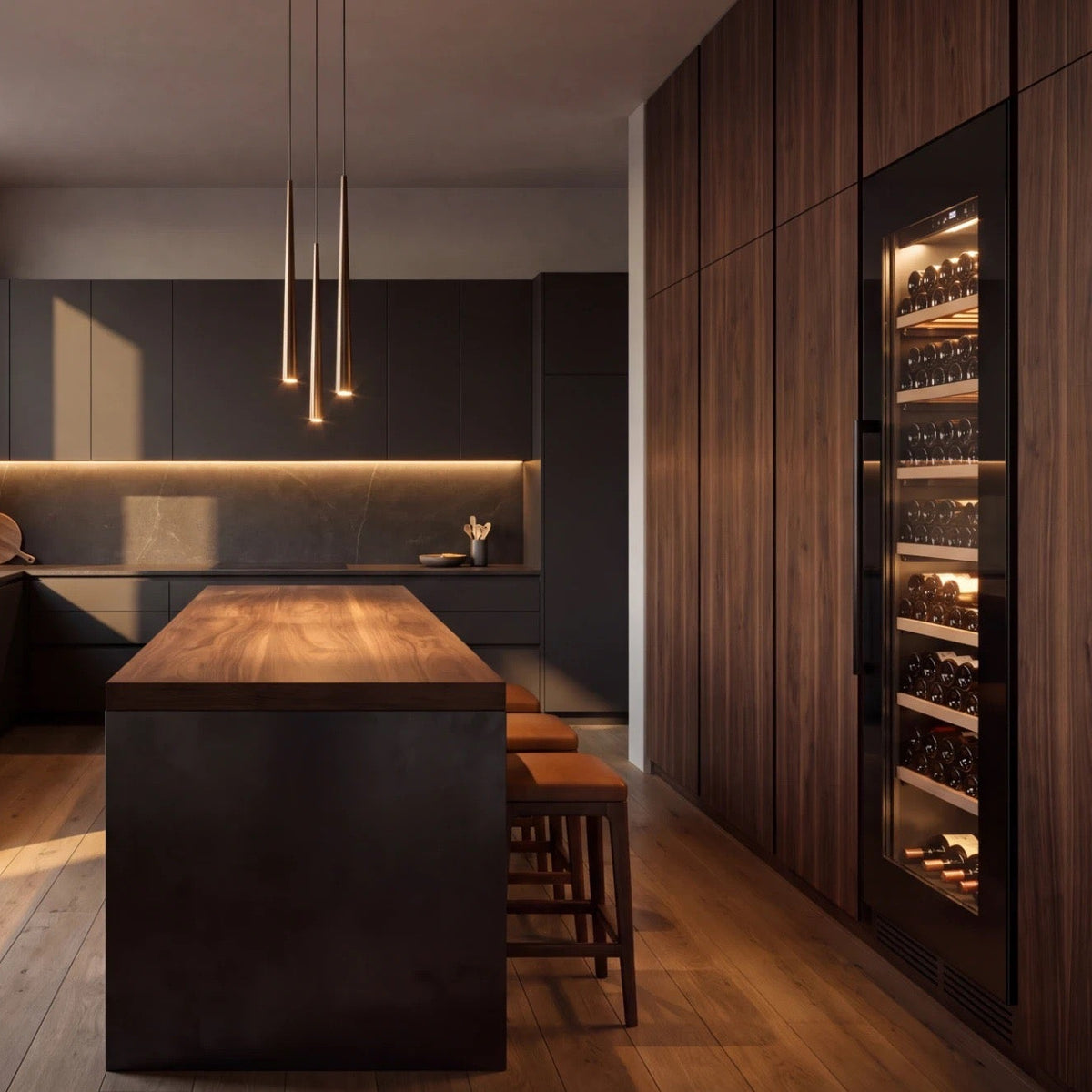 Full-height Maison Vinum wine cellar built into the cabinetry of a modern walnut kitchen