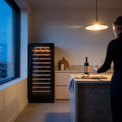 Connoisseur 85 85-bottle wine cellar installed in a modern fitted kitchen
