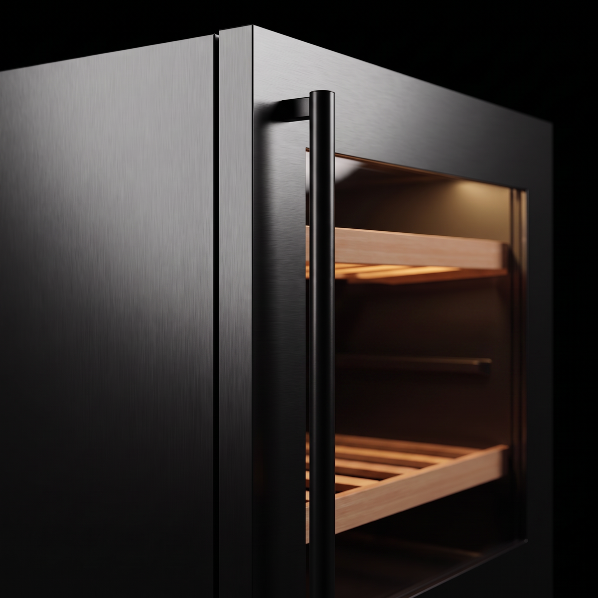 Interior of the Compact 18 wine cellar: solid beech shelves, glass door and touch control panel