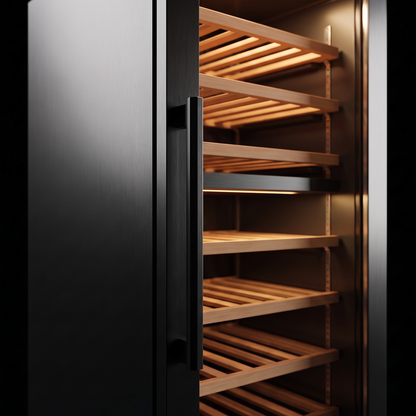 Interior of the Prestige 189 wine cellar: solid beech shelves, glass door and touch control panel