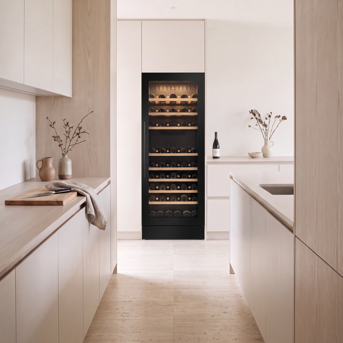 Prestige 216 216-bottle wine cellar installed in a modern fitted kitchen