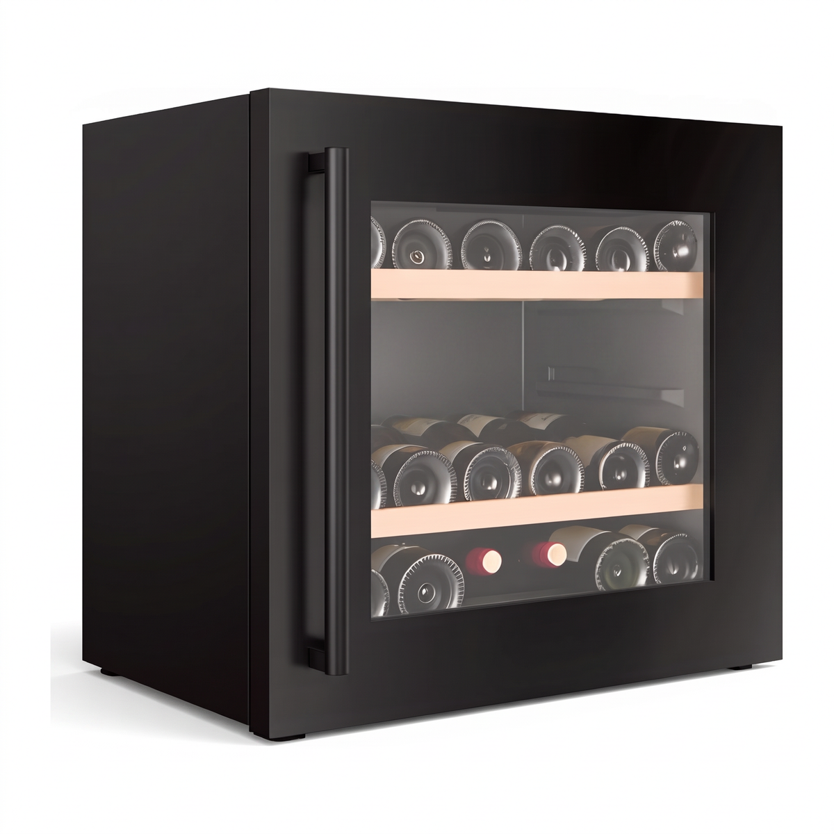 Compact 18 wine cellar — 18 bottles — three-quarter view showing the cabinet depth and side panel
