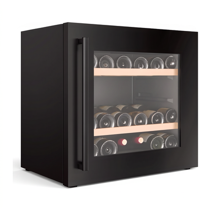 Compact 18 wine cellar — 18 bottles — three-quarter view showing the cabinet depth and side panel