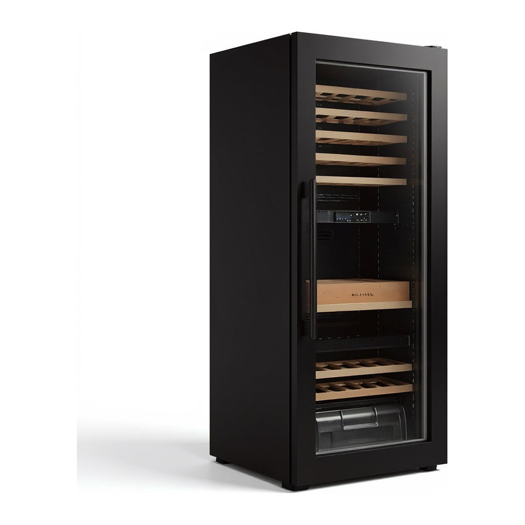 Connoisseur 95 wine cellar — 95 bottles — three-quarter view showing the cabinet depth and side panel