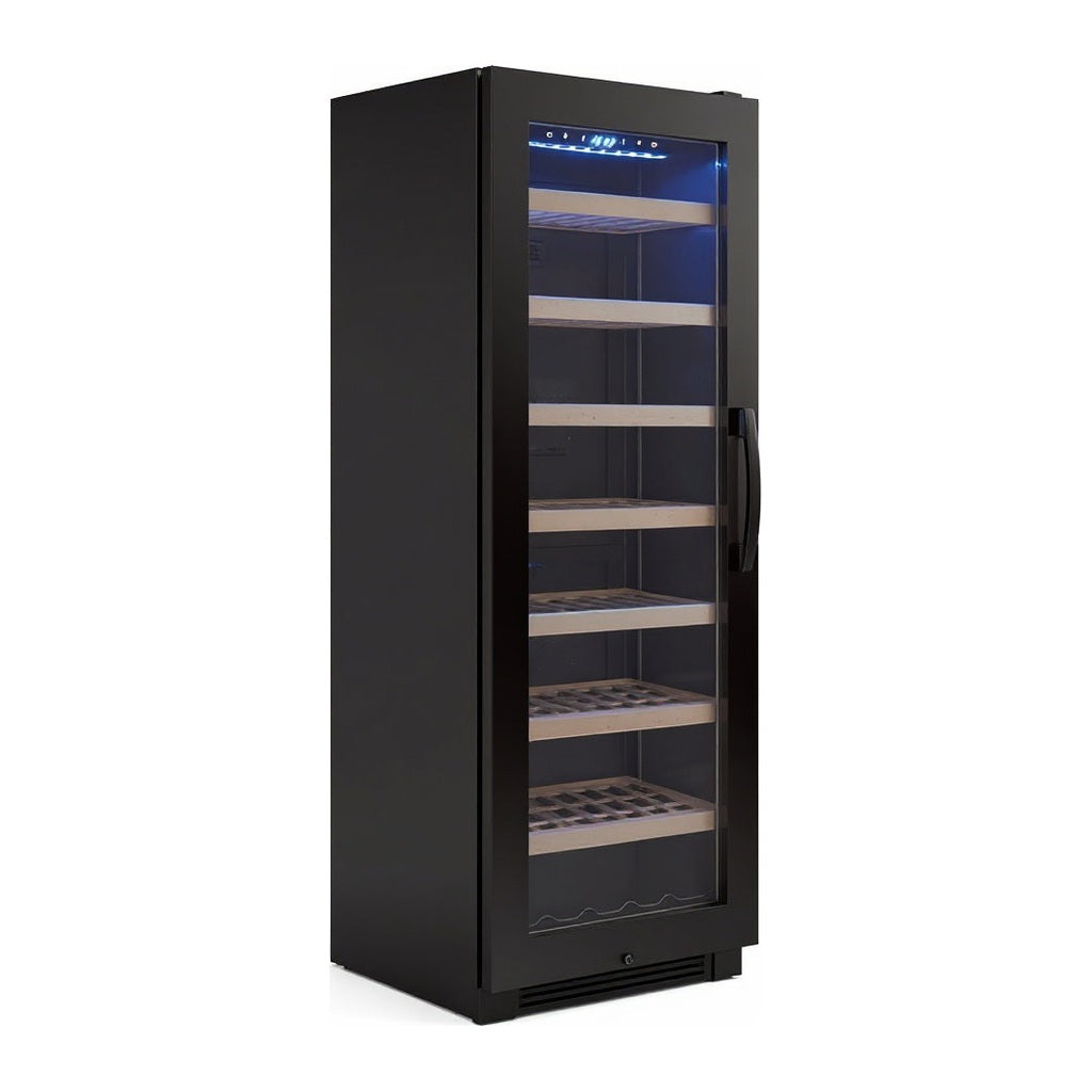 Connoisseur 111 wine cellar — 111 bottles — three-quarter view showing the cabinet depth and side panel
