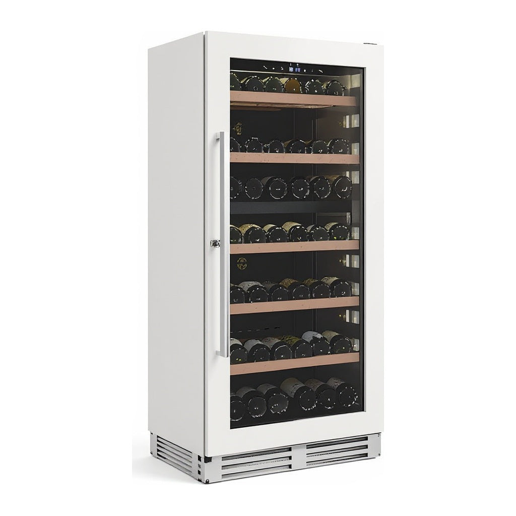 Connoisseur 112 wine cellar — 112 bottles — three-quarter view showing the cabinet depth and side panel