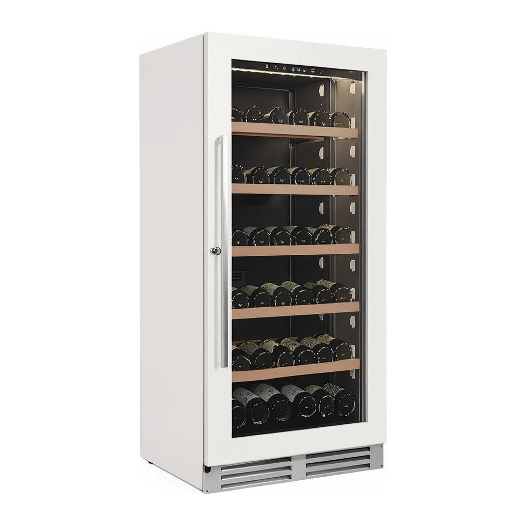 Connoisseur 122 wine cellar — 122 bottles — three-quarter view showing the cabinet depth and side panel