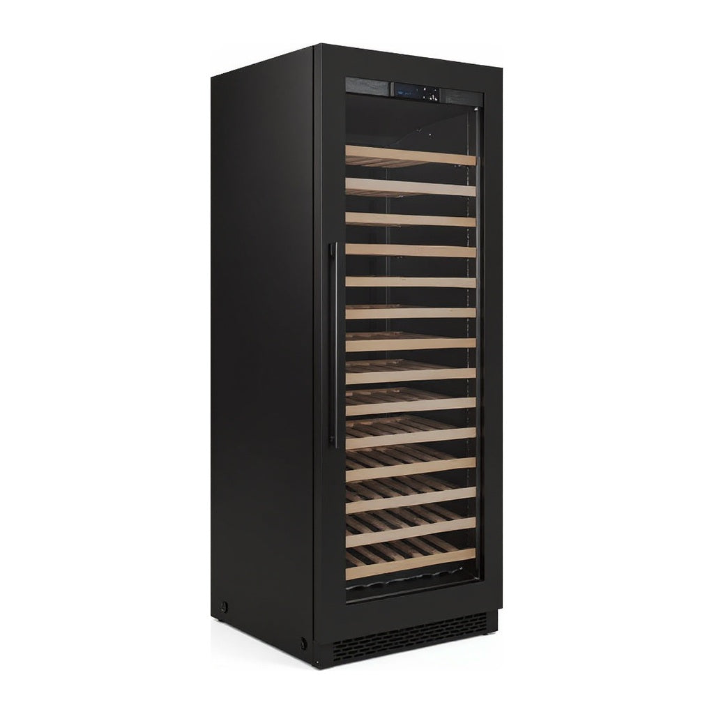 Prestige 122 wine cellar — 122 bottles — three-quarter view showing the cabinet depth and side panel