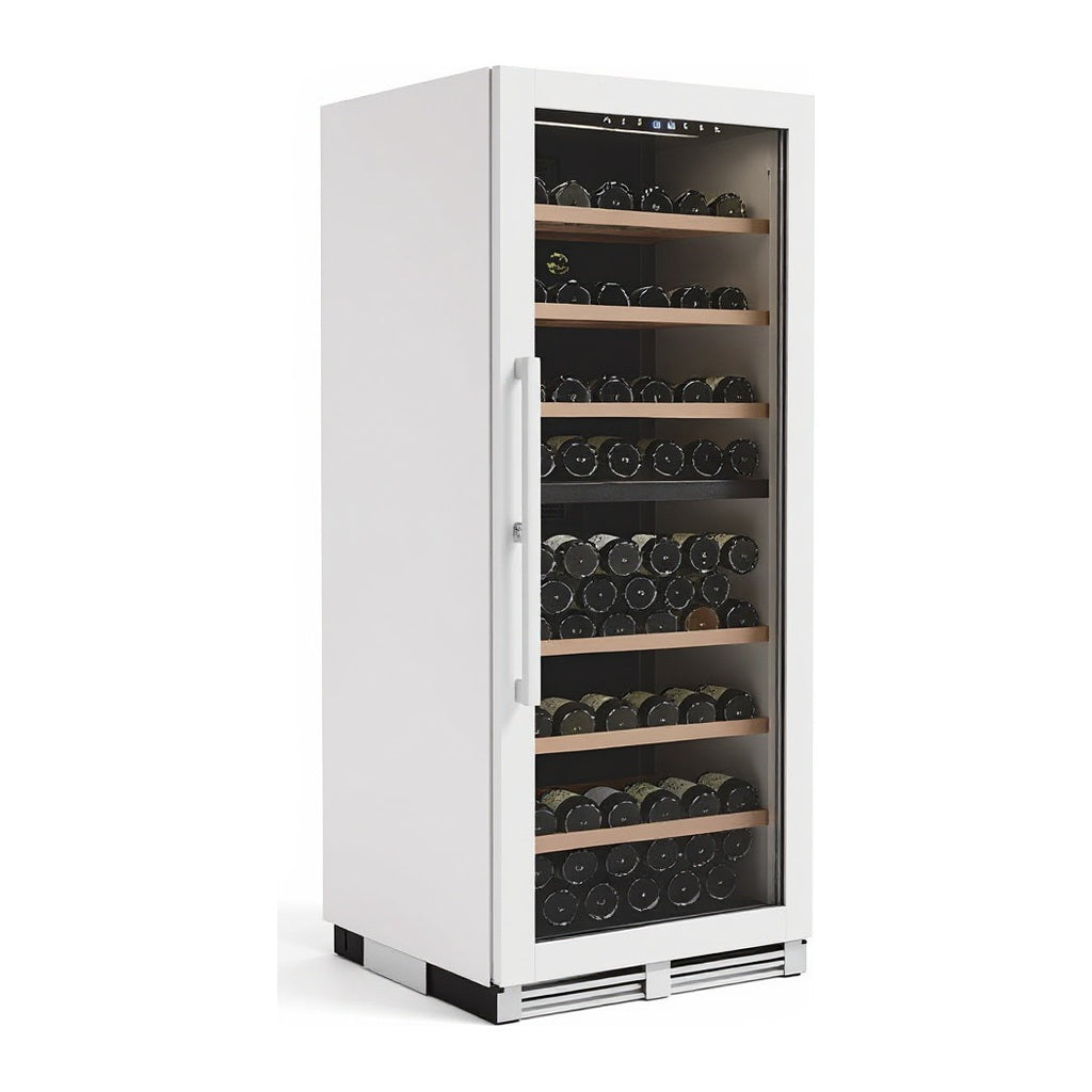 Prestige 166 wine cellar — 166 bottles — three-quarter view showing the cabinet depth and side panel