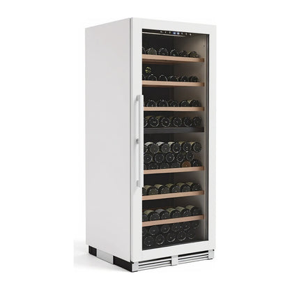 Prestige 166 wine cellar — 166 bottles — three-quarter view showing the cabinet depth and side panel