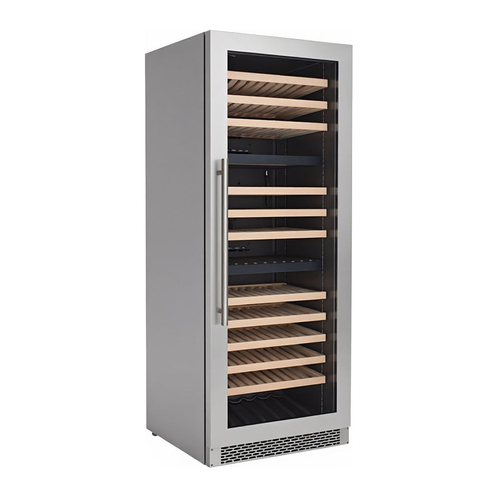 Prestige 155 wine cellar — 155 bottles — three-quarter view showing the cabinet depth and side panel